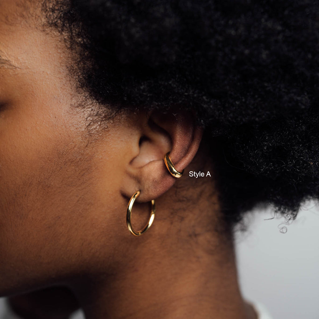 Close up of Model wearing 18k gold plated 925 Sterling Silver ‘Classic Ear Cuff’ Style ‘A’ on white background with text ‘Style A’