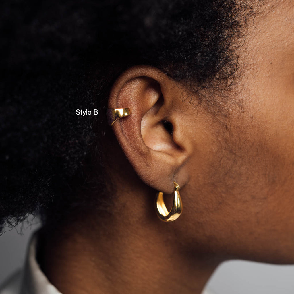 Close up of Model wearing 18k gold plated 925 Sterling Silver ‘Classic Ear Cuff’ Style ‘B’ on white background with text ‘Style B’